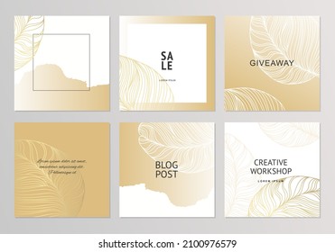 Set background mockup in pastel gold colors with plant elements. Social media post templates. Vector for content creators about beauty, fashion, cosmetics, jewelry, makeup