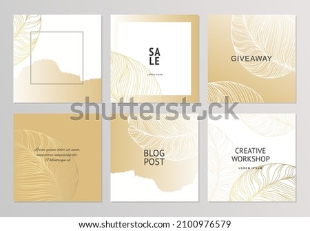 Set background mockup in pastel gold colors with plant elements. Social media post templates. Vector for content creators about beauty, fashion, cosmetics, jewelry, makeup