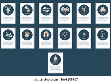 A set of background pages of patterns 13 zodiac signs, 12 standard and 1 for Ophiuchus. For the design of horoscopes, cards, astrological forecasts. Symbols drawn by hand. Vector.