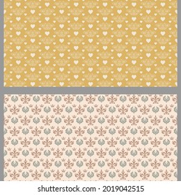 Set of background patterns with floral elements. Used colors: gold, white, wallpaper. Seamless pattern, texture. Vector image
