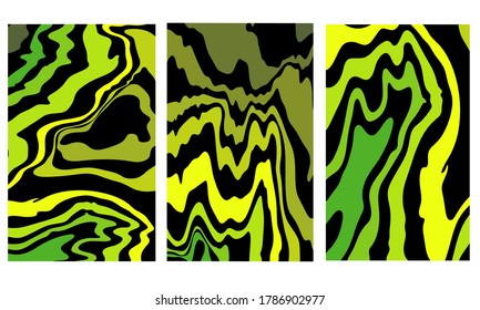 Set of background patterns of wavy lines. Abstract texture in dark green shades. Curvy futuristic backdrop