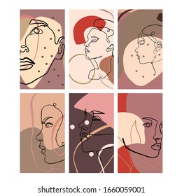 Set background with portrait woman in abstract one line style with colorful elements. Creative design for social media apps. 

