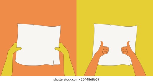 set, fundo, amostra, banner, anúncio, anúncio, folheto, mãos humanas segurando folha de papel, mãos com polegar para cima, caixa de texto