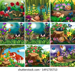 Set of background scene with nature theme illustration