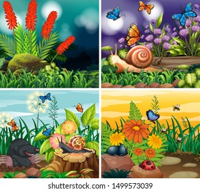Conjunto de escenas de fondo con ilustración de temas de naturaleza