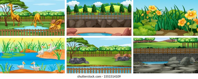 Set of background scenes with nature illustration