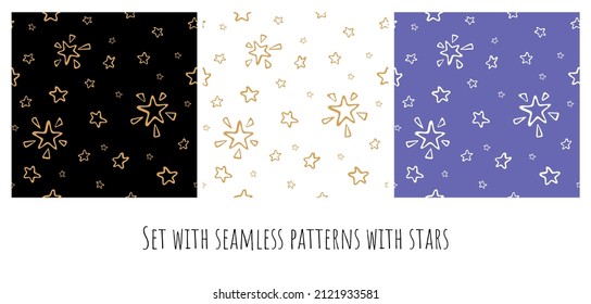Set background with seamless patterns of stars on black and white and purple background