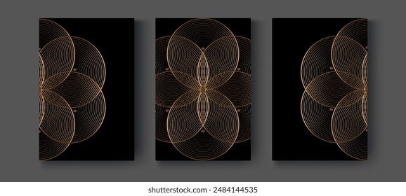 Conjunto de fondo de la Semilla de la Flor de la vida del loto mandala, oro sagrada geometría, símbolo de armonía y equilibrio. Anuncios negros místicos, entrelazado de líneas de círculos de cosecha dorada, Ilustración vectorial de lujo 