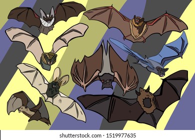 Set and background of stylish bats for Halloween. Winged animals for the holiday. Wallpaper for the halloween party. Vector image.