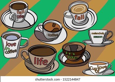 Set and background of stylish empty cups with tea or coffee. Autumn set of hot cups. Wallpaper of cups of coffee. Vector image.