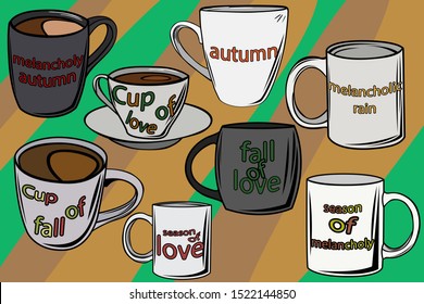 Set and background of stylish empty cups with tea or coffee. Autumn set of hot cups. Wallpaper of cups of coffee. Vector image.