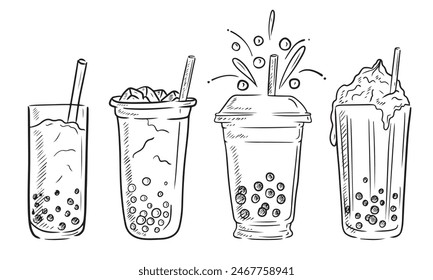 Set of background tasty bubble milk tea with cream on the top and straw in glass cup in black isolated in white background. Hand drawn vector sketch illustration in doodle vintage engraved style.