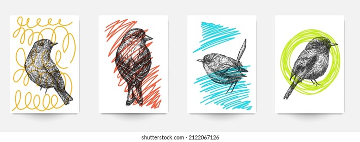 Set background template of card, cover, poster, banner, flyer with hand drawn birds and color doodle shapes. Collection minimalistic modern art composition. Creative vector illustration.