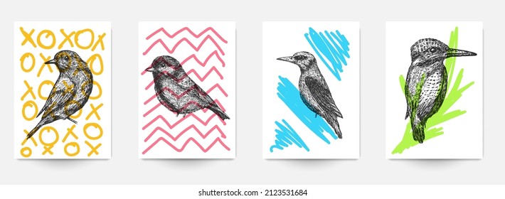 Establece la plantilla de fondo de la tarjeta, portada, afiche, pancarta, volante con pájaros dibujados a mano y formas de doodle de color. Composición minimalista de arte moderno. Ilustración vectorial creativa.