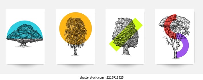 Set background template of card, cover, poster, banner, flyer with hand drawn trees and color geometric shapes. Collection minimalistic modern art composition. Creative vector illustration.