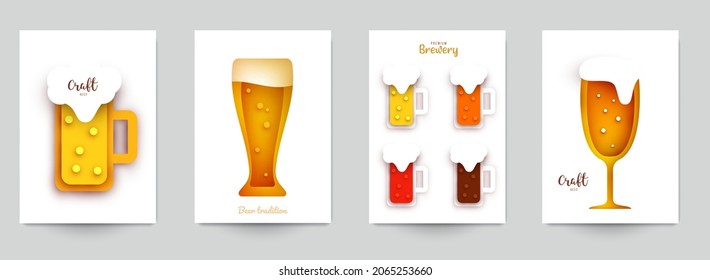 Set background templates for beer banner, flyer, card, poster in modern minimalistic paper cut style. Collection design composition  of branding ads, festival, party, identity. Vector illustration.