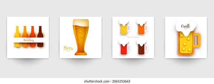 Set background templates for beer banner, flyer, card, poster in modern minimalistic paper cut style. Collection design composition  of branding ads, festival, party, identity. Vector illustration.