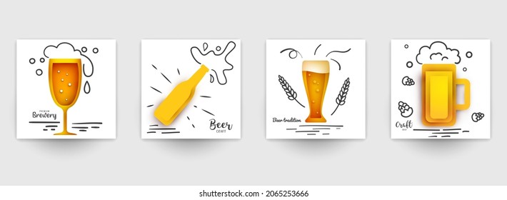 Set background templates for beer banner, flyer, card, poster in modern minimalistic paper cut style. Collection design composition  of branding ads, festival, party, identity. Vector illustration.