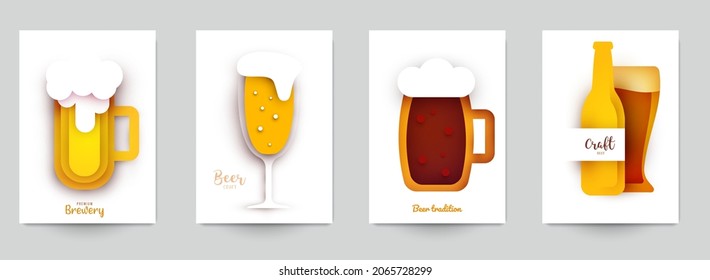 Set background templates for beer banner, flyer, card, poster in modern minimalistic paper cut style. Collection design composition  of branding ads, festival, party, identity. Vector illustration.