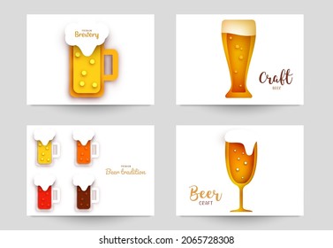 Set background templates for beer banner, flyer, card, poster in modern minimalistic paper cut style. Collection design composition  of branding ads, festival, party, identity. Vector illustration.