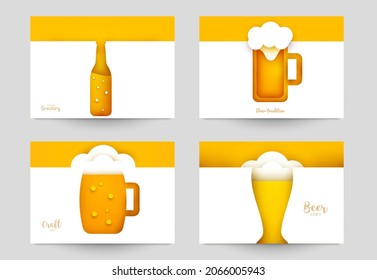 Set background templates for beer banner, flyer, card, poster in modern minimalistic paper cut style. Collection design composition  of branding ads, festival, party, identity. Vector illustration.