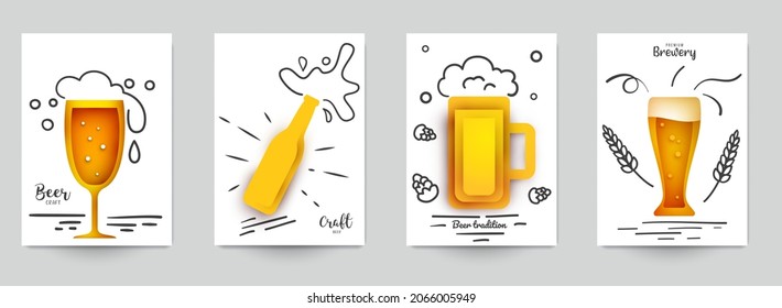 Set background templates for beer banner, flyer, card, poster in modern minimalistic paper cut style. Collection design composition  of branding ads, festival, party, identity. Vector illustration.