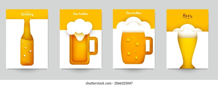 Set background templates for beer banner, flyer, card, poster in modern minimalistic paper cut style. Collection design composition  of branding ads, festival, party, identity. Vector illustration.