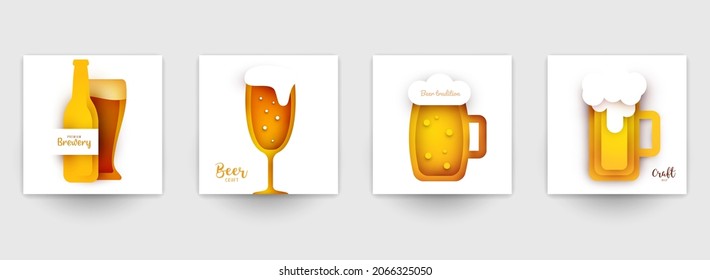 Set background templates for beer banner, flyer, card, poster in modern minimalistic paper cut style. Collection design composition  of branding ads, festival, party, identity. Vector illustration.