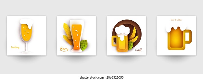 Set background templates for beer banner, flyer, card, poster in modern minimalistic paper cut style. Collection design composition  of branding ads, festival, party, identity. Vector illustration.