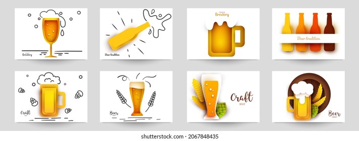 Establece plantillas de fondo para banner de cerveza, volante, tarjeta, afiche en estilo moderno minimalista de corte de papel. Composición de diseño de colección de anuncios de marca, festival, fiesta, identidad. Ilustración vectorial.