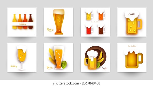 Set background templates for beer banner, flyer, card, poster in modern minimalistic paper cut style. Collection design composition  of branding ads, festival, party, identity. Vector illustration.