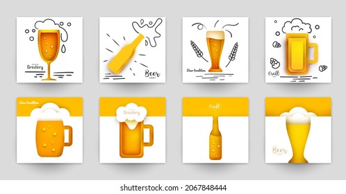 Set background templates for beer banner, flyer, card, poster in modern minimalistic paper cut style. Collection design composition  of branding ads, festival, party, identity. Vector illustration.