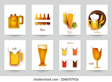 Set background templates for beer banner, flyer, card, poster in modern minimalistic paper cut style. Collection design composition  of branding ads, festival, party, identity. Vector illustration.