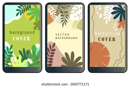 Set of Background templates for social media stories. Creative vector post with copy space for text, abstract colored spots and tropical leaves in natural colors