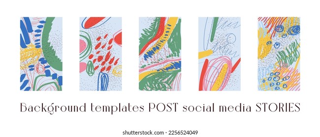 Conjunto de plantillas de fondo para las redes sociales. Imágenes de fondo a la moda, cuadros abstractos. Hecho a mano. Ilustración vectorial.