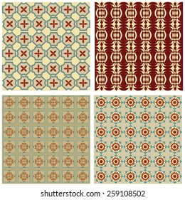 Set of background tiles in art deco style with simple geometric patterns in beige, red and green nostalgic color shade