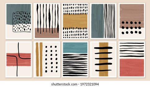 Set of backgrounds with abstract geometric shapes, textures, lines, dots. Minimal colorful 20s geometric design posters, paper, fabric prints. Wall art collage style.