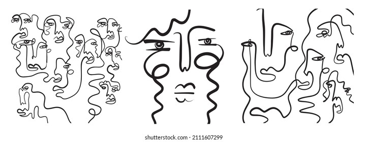 Conjunto de fondos con caras abstractas de una línea. Cara de cubismo. Diseñar plantillas. Dibujo lineal. Minimalismo. Colección de afiches. Dibujo contemporáneo de moda. 