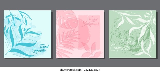 Un conjunto de antecedentes con plantas abstractas. Diseño minimalista para portadas, cuadros, impresiones interiores, carteles y diseño creativo