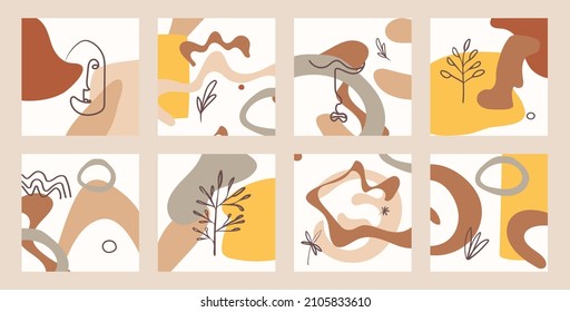 A set of backgrounds with abstract shapes and faces, branches and leaves, waves and circles. Hand drawn engraving style for print, poster, postcard, card design.