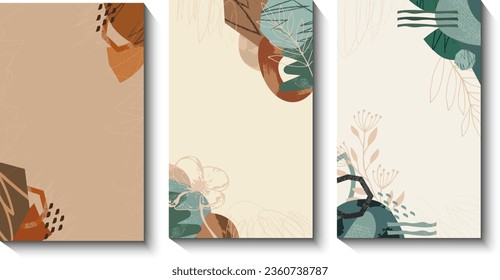 Set of backgrounds with abstract shapes and spots and ornamental plants. Vector illustration with textures. Templates for social media design, packaging, covers, cards, brochures and more.