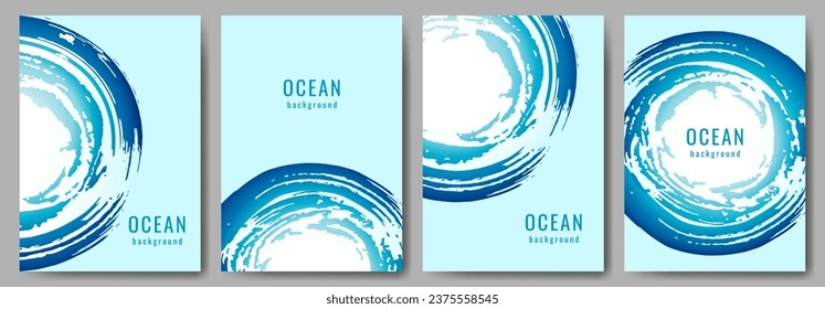A set of backgrounds. Abstract vector posters in blue and cyan colors. Ocean background. Marine theme. Mockup for print, flyer, cover, invitation. Minimalist flat design.