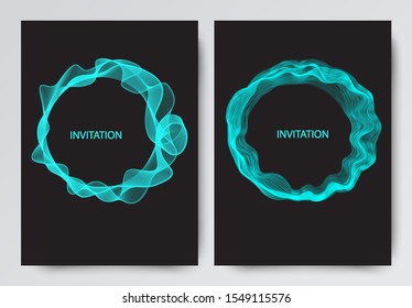 Set of backgrounds. Abstract wavy round frame, invitation on dark background.