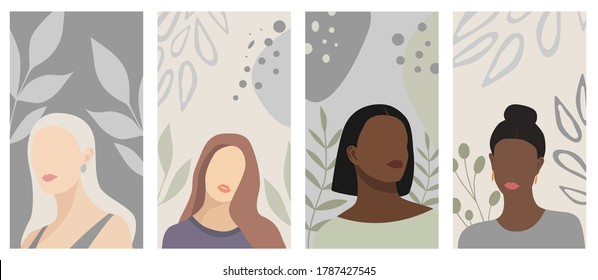 Set of backgrounds with abstract woman portraits. Ideal for social media platforms (posters, banners, stories). Beautiful female silhouettes, leaves, abstract shapes. Pastel colors. Vector flat design