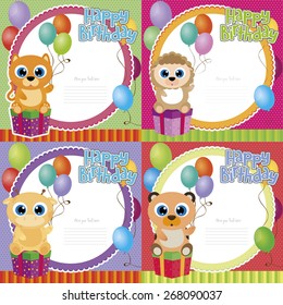 Set of backgrounds with animals and ornaments for birthday parties. Vector illustration