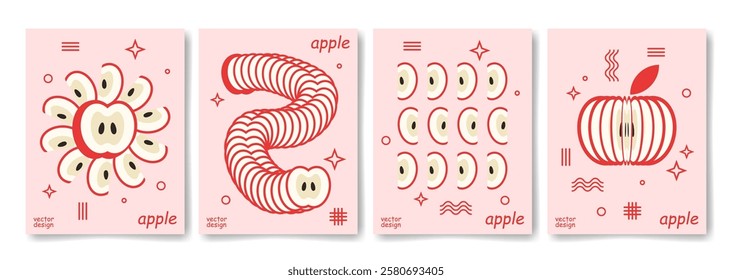 Set of backgrounds with apple slices in pink. Vector flat illustration. Memphis geometric elements. Creative graphic food poster design. 
