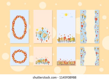 Conjunto de fondos con Elementos de otoño para redes sociales. Tarjetas de otoño con espacio vacío para texto. Plantillas para historia y post con decoración de árboles y hojas. Ilustración vectorial.