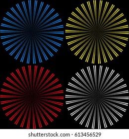 Set of backgrounds from balls consisting of colored small balls in the form of rays on a black background