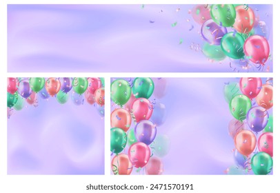 Set of backgrounds, banners with 3d colorful realistic balloons with confetti ribbons frame and empty space for greeting text or invitation. Cyan wallpapers for celebration, sale, opening, holiday