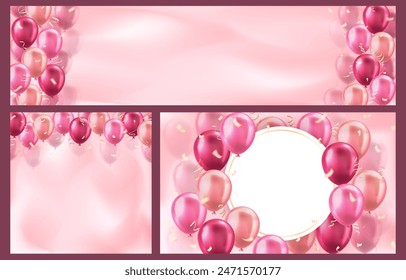 Set of backgrounds, banners with 3d pink realistic balloons with confetti ribbons frame and empty space for greeting text or invitation. Wallpapers for celebration, sale, opening, holiday, wedding